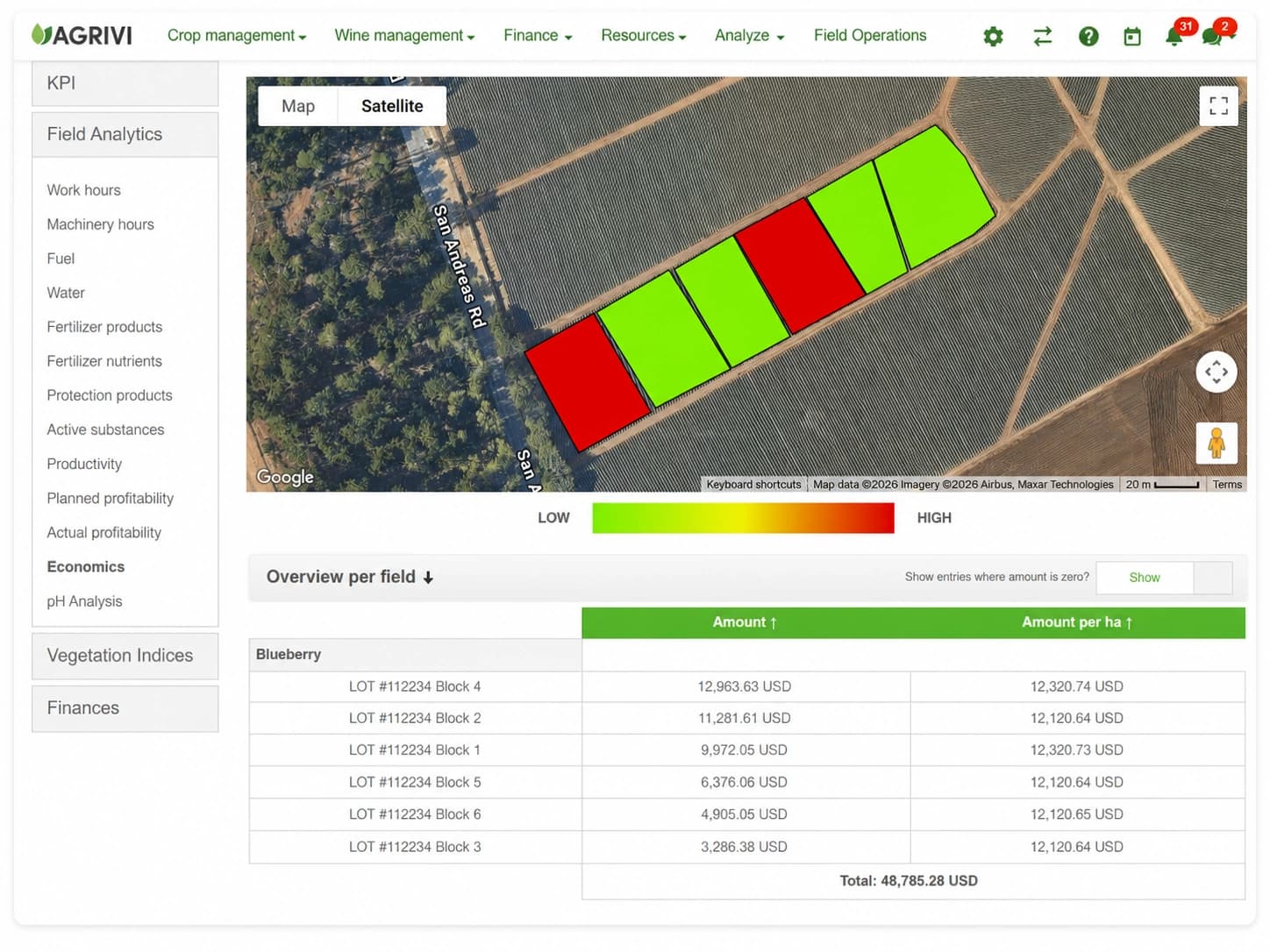 Mappa di redditività del campo AGRIVI 360 FMS e panoramica per campo con importo e importo per ettaro