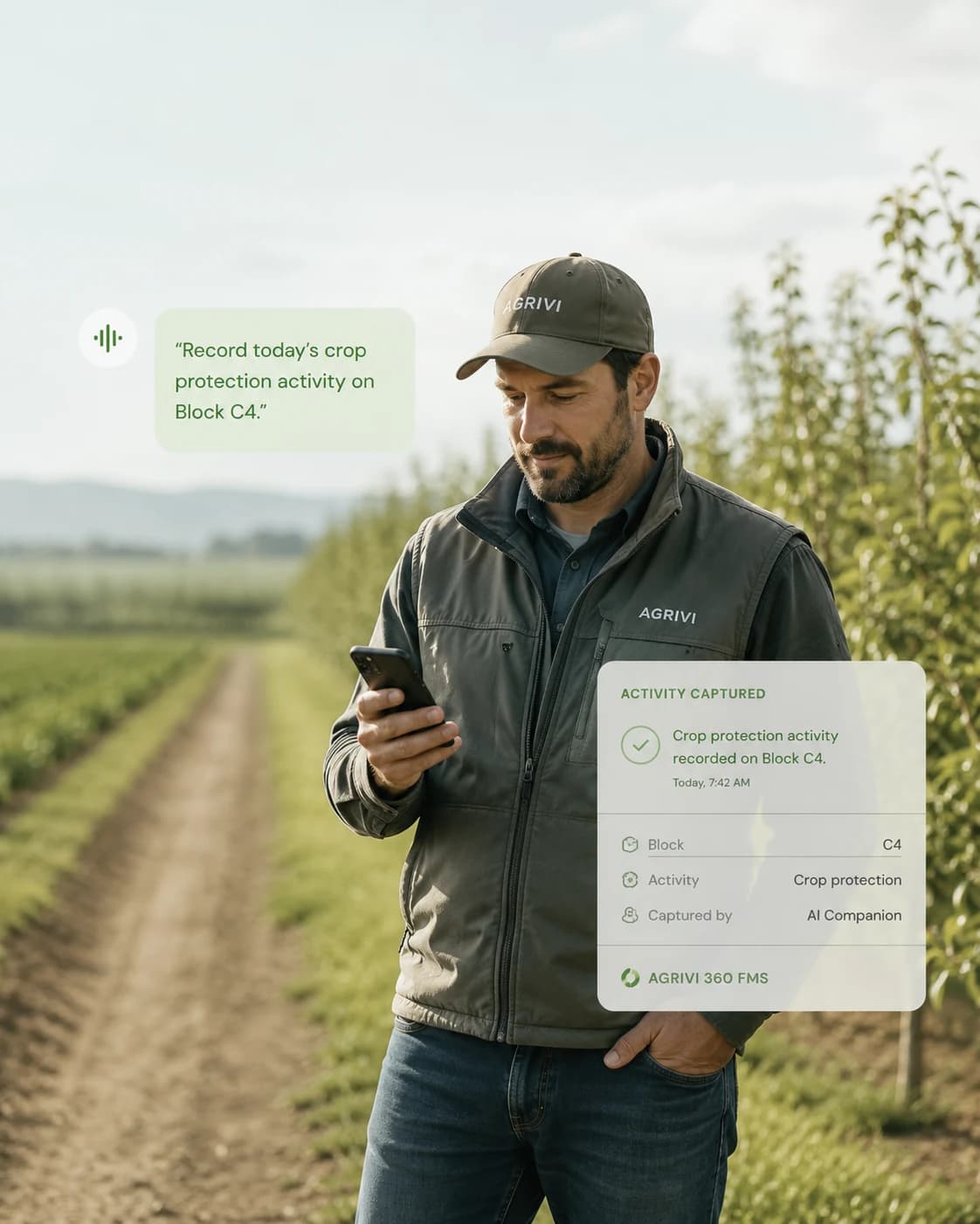 Farmer using AI Companion voice input in the field, with the crop protection activity captured in AGRIVI 360 FMS