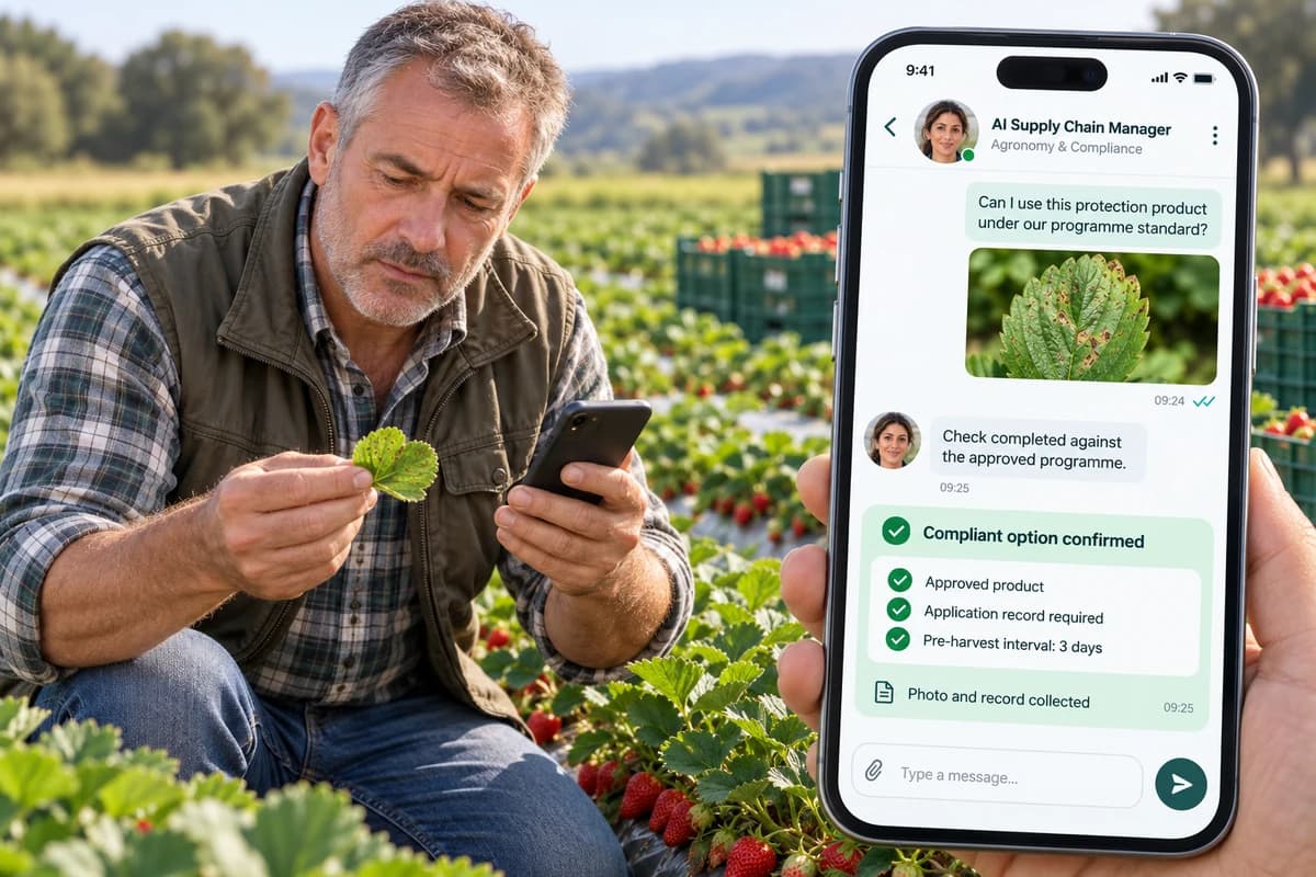 Productor que compara un producto fitosanitario con los estándares del programa en una conversación con el Gestor de IA de la cadena de suministro, con la opción de cumplimiento confirmada y el registro fotográfico recopilado.