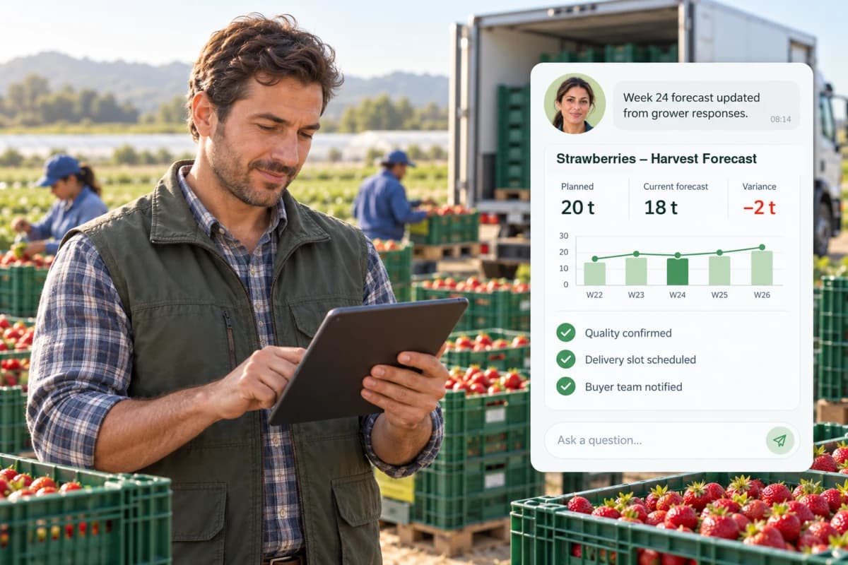 Pronóstico de cosecha actualizado a partir de las respuestas de los productores, que muestra el volumen planificado versus el actual, la variación y las confirmaciones de entrega.