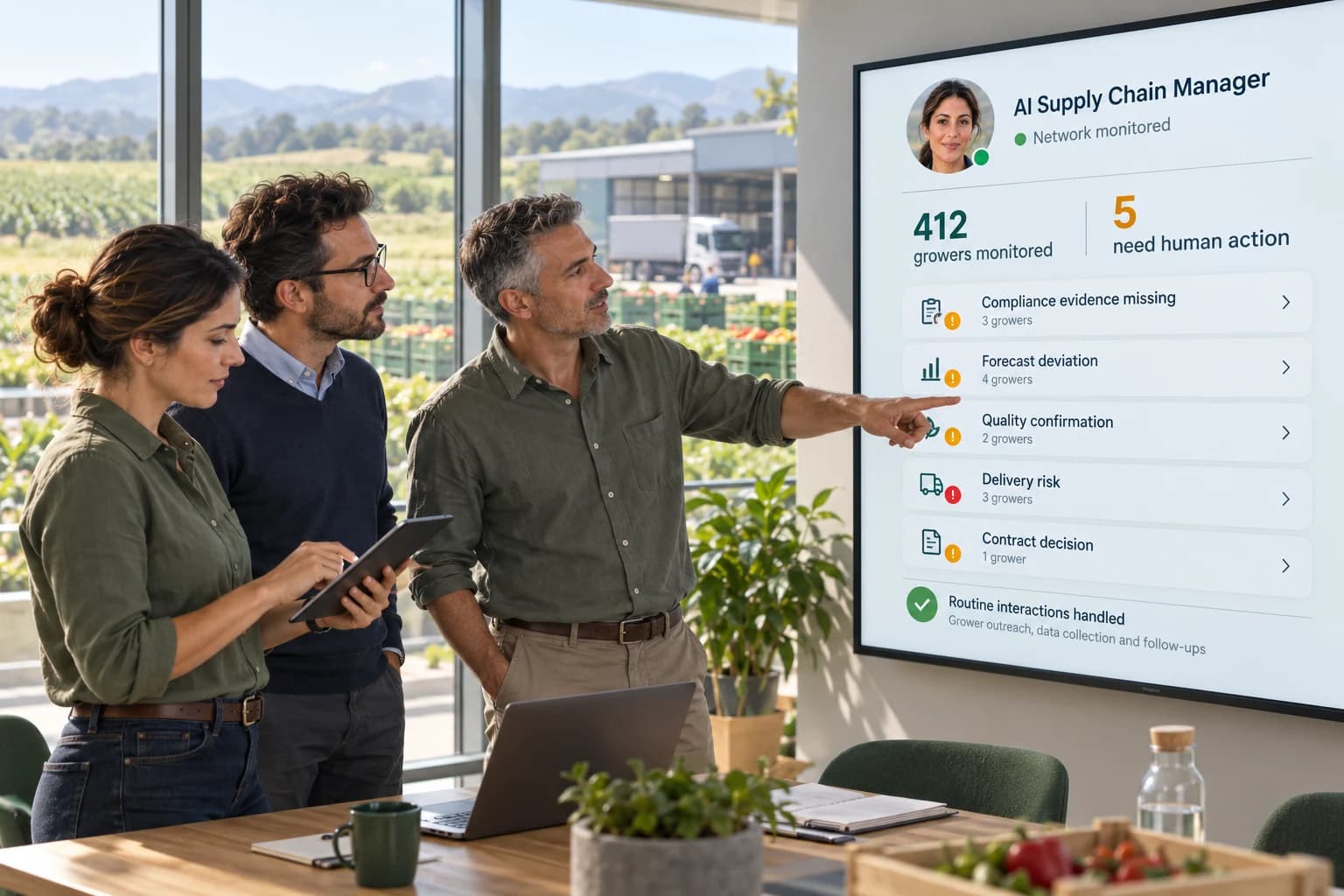 El equipo de la cadena de suministro revisa el panel Gestor de IA de la cadena de suministro en una pantalla grande, que muestra 412 productores monitoreados y 5 elementos que necesitan acción humana.