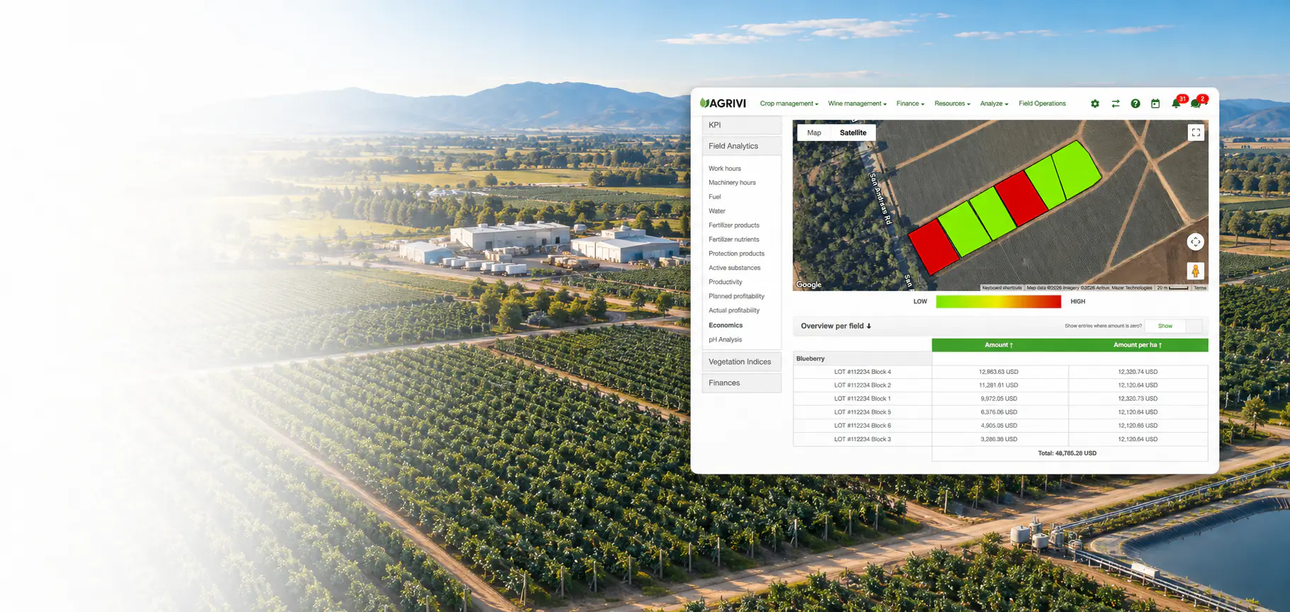 AGRIVI 360 FMS field map and task view overlaid on an aerial view of a connected vineyard operation